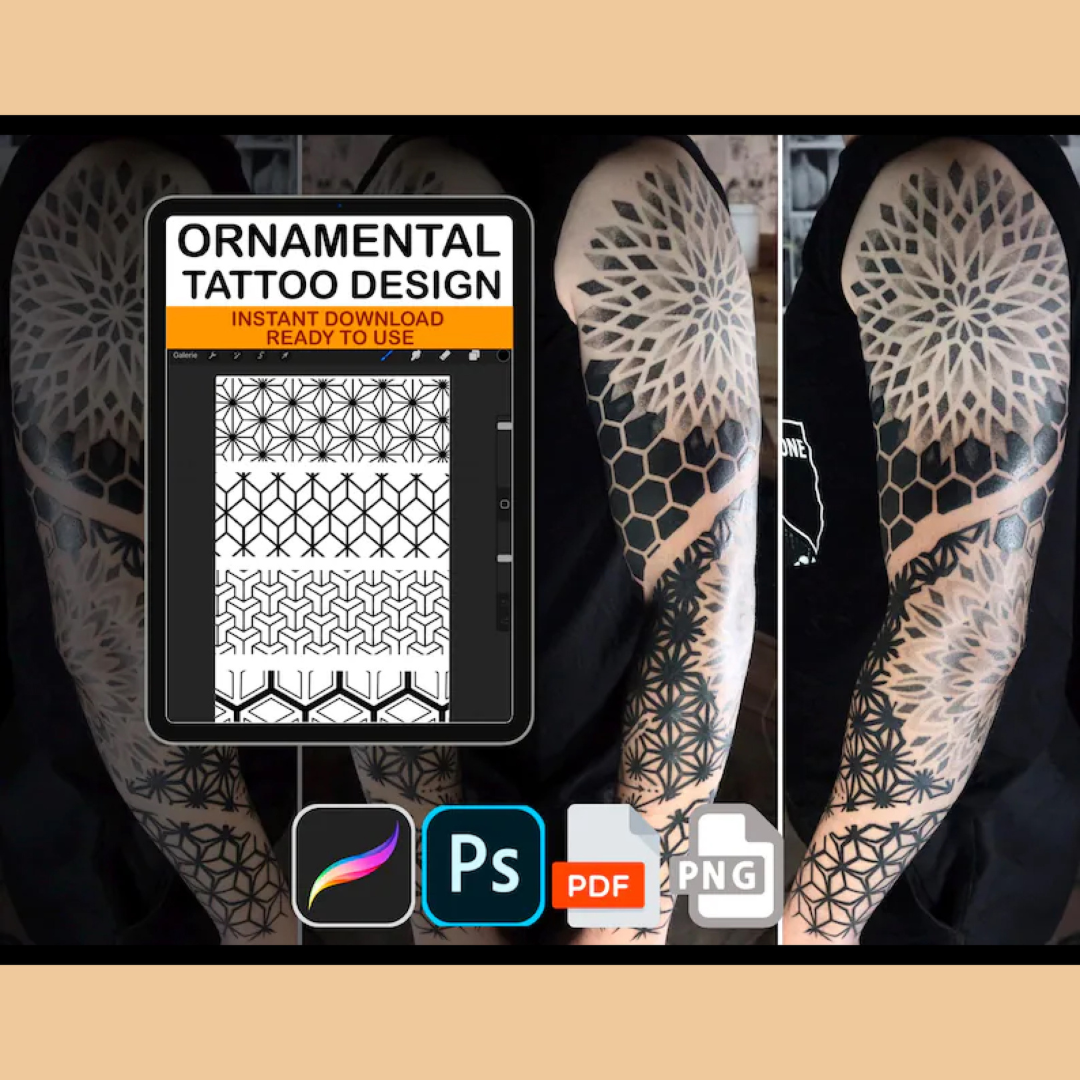 Ornamental Tattoo Seamless Back Patterns Mandalas – Procreate Brushes, ABR Stamps, PNG, PDF