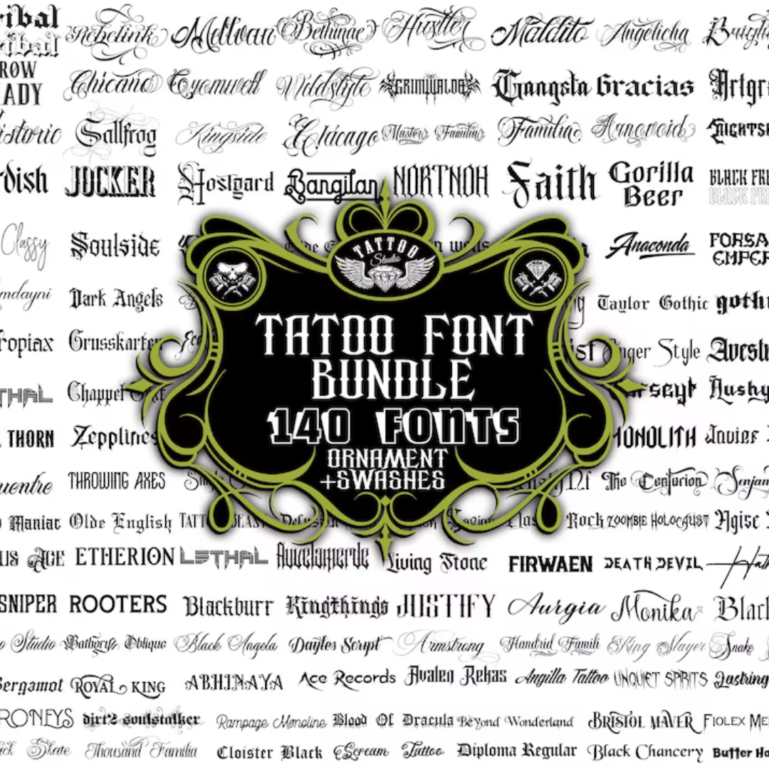 140 tattoo fonts (TTF, OTF) compatible with Procreate & Cricut. Includes calligraphy font SVG