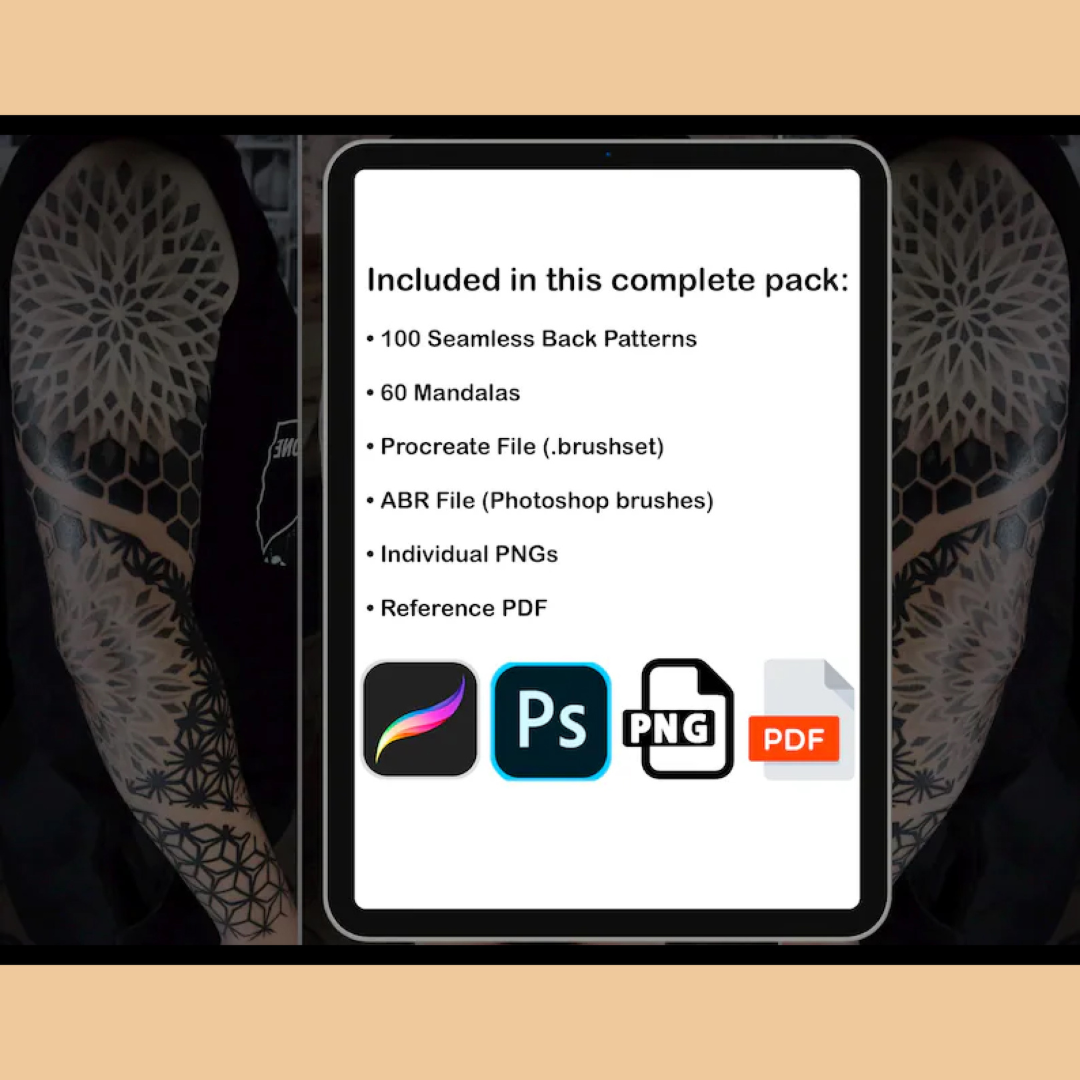 Ornamental Tattoo Seamless Back Patterns Mandalas – Procreate Brushes, ABR Stamps, PNG, PDF