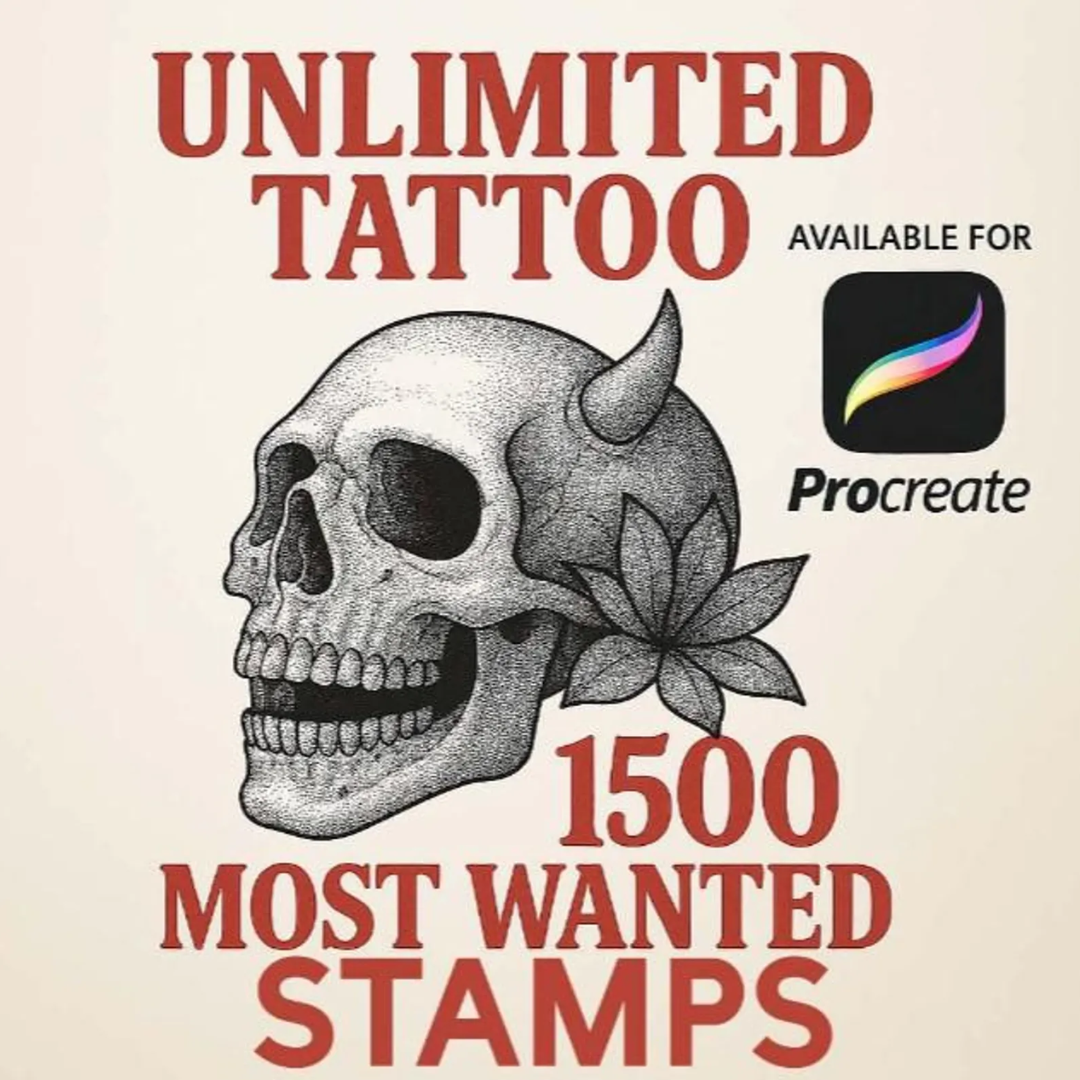 1500+ Procreate Brushes & Stamps, Tattoo-stencils, Digital-product, Procreate Brushes Birds Flowers Shaders Liners Japan Skull Stamps