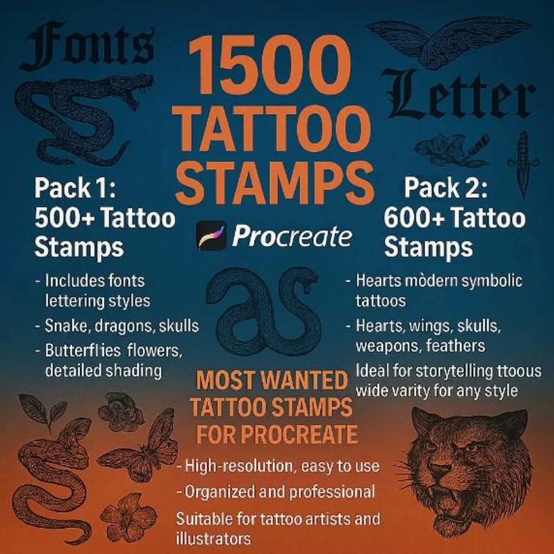1500+ Procreate Brushes & Stamps, Tattoo-stencils, Digital-product, Procreate Brushes Birds Flowers Shaders Liners Japan Skull Stamps