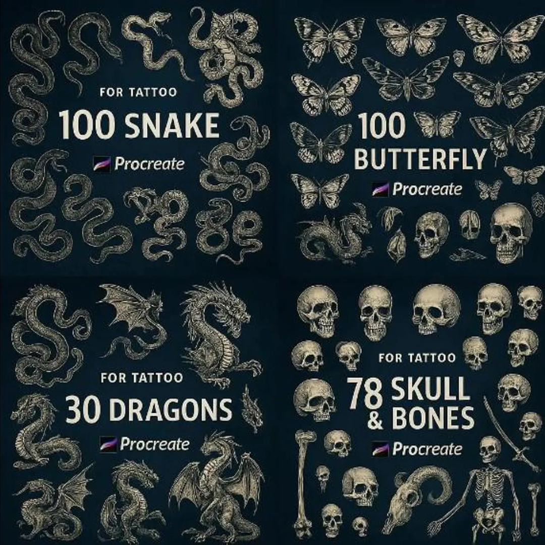 1500+ Procreate Brushes & Stamps, Tattoo-stencils, Digital-product, Procreate Brushes Birds Flowers Shaders Liners Japan Skull Stamps