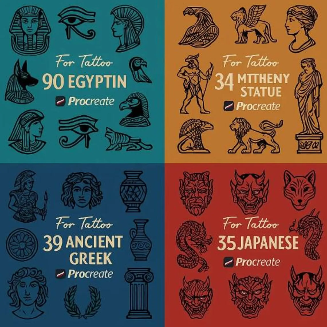 1500+ Procreate Brushes & Stamps, Tattoo-stencils, Digital-product, Procreate Brushes Birds Flowers Shaders Liners Japan Skull Stamps